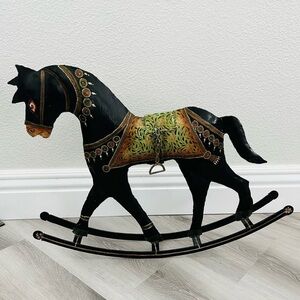 Vintage Tin Metal Hand painted Black and Gold Rocking Horse Large